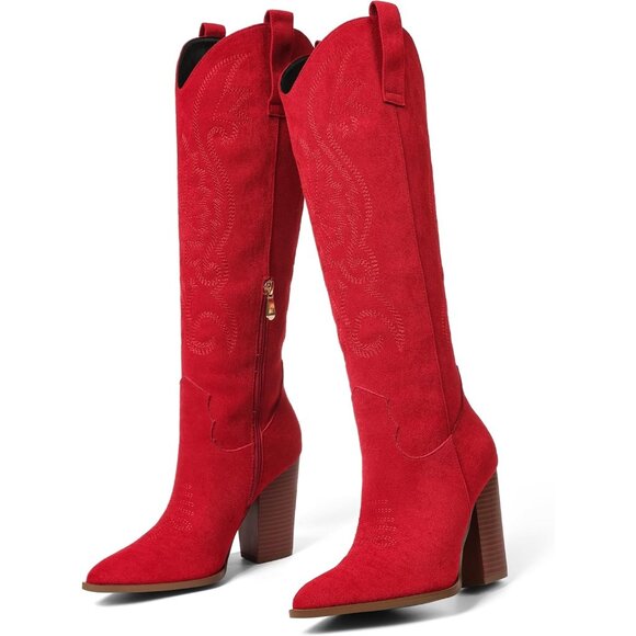 Women Red Suede Embroidered Pointed Toe Knee High Western Chunky Heels Boots - Picture 6 of 7